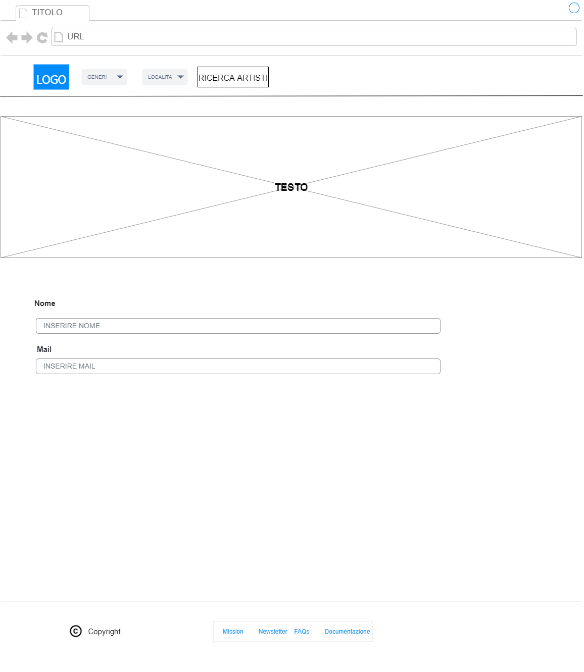 Wireframe della pagina in  cui ci si può iscrivere alla newsletter